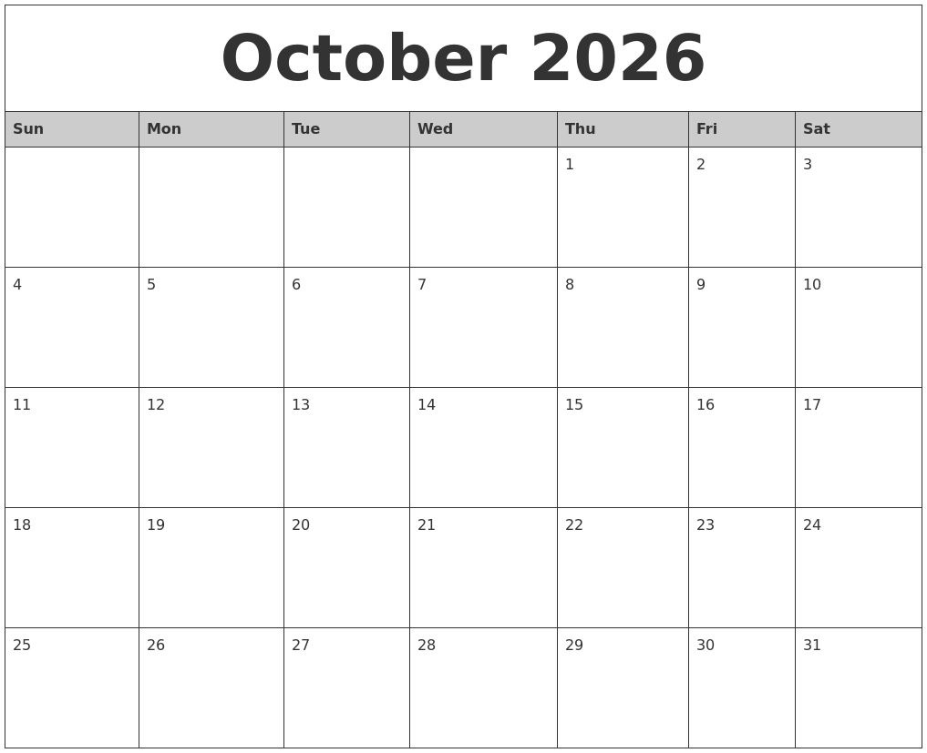October 2026 Monthly Calendar Printable
