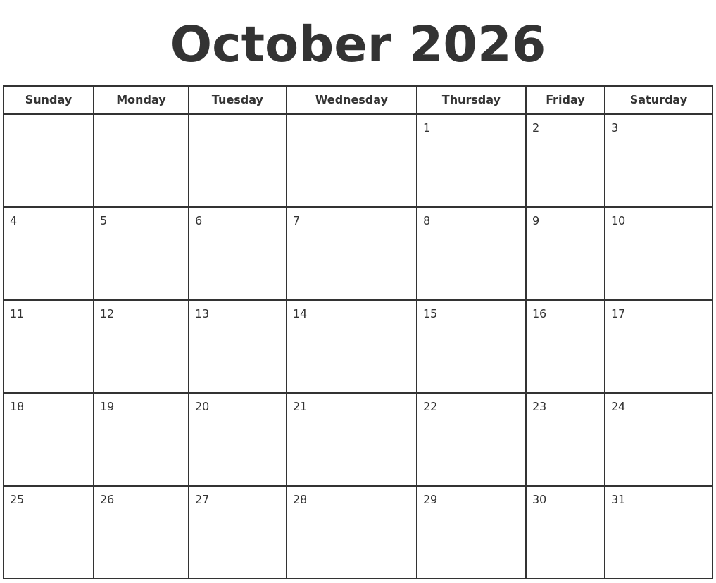 October 2026 Print A Calendar October 2026 Print A Calendar