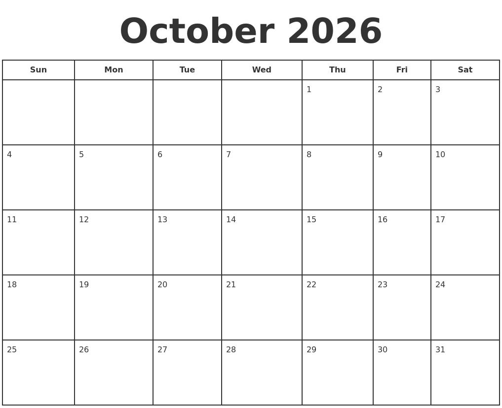 October 2026 Print A Calendar
