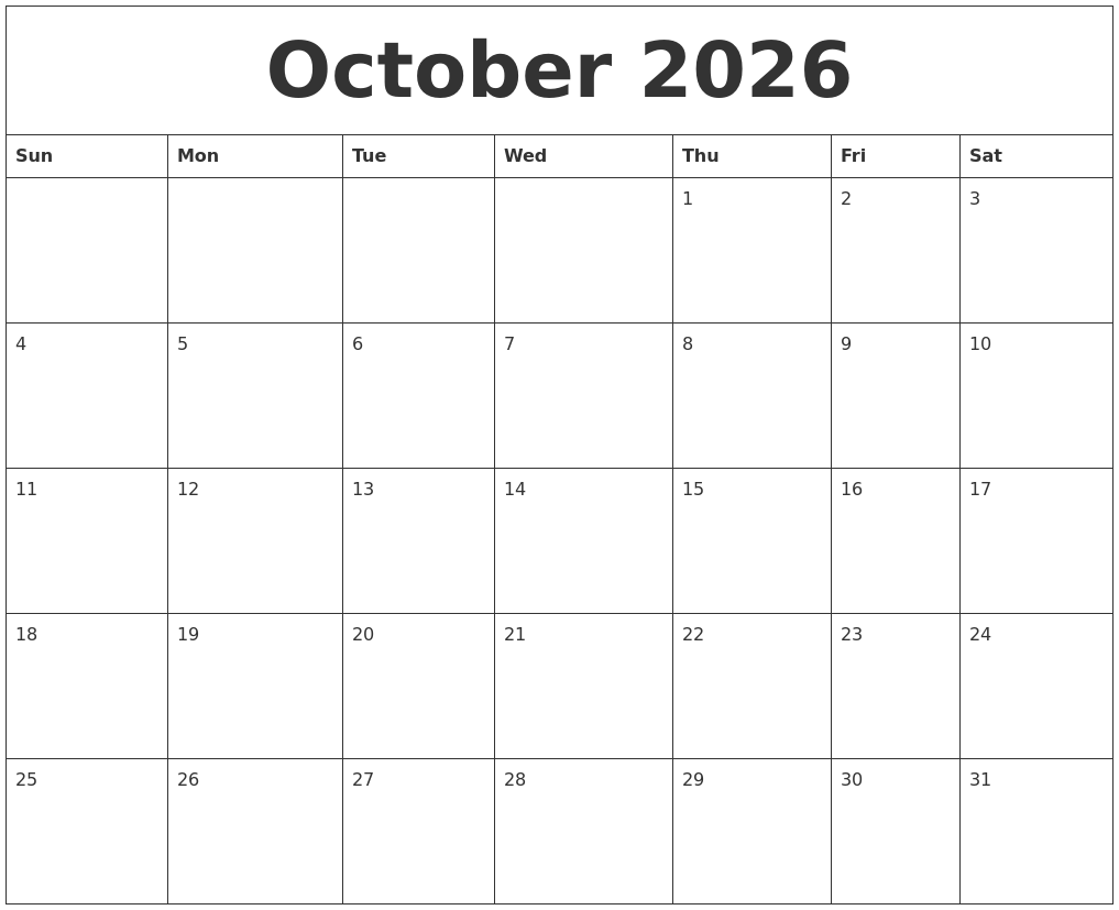 October 2026 Print Blank Calendar