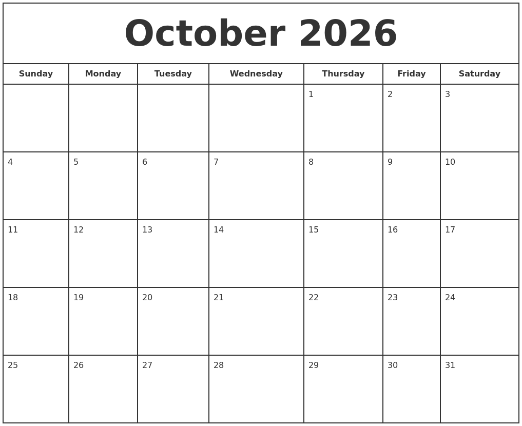 October 2026 Print Free Calendar