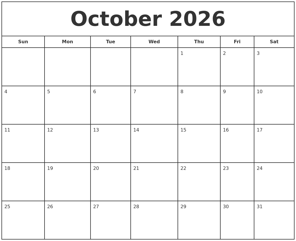 October 2026 Print Free Calendar