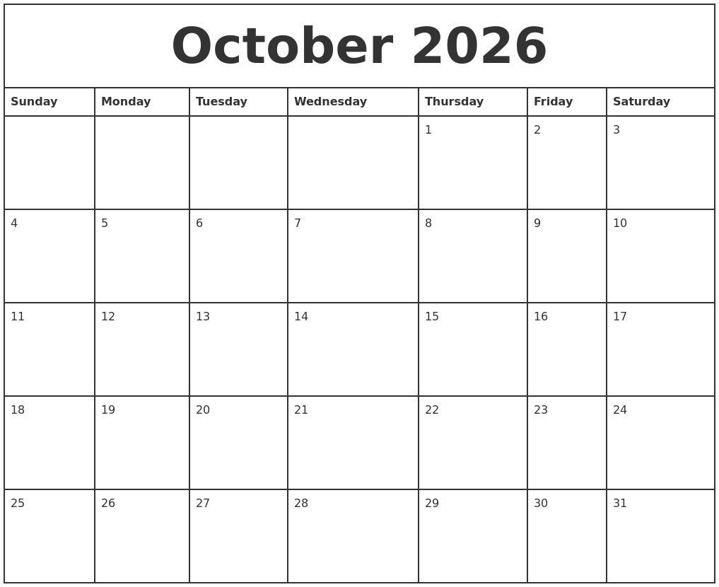 October 2026 Printable Monthly Calendar
