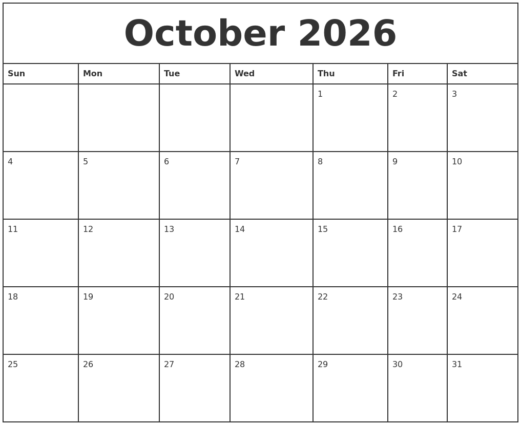 October 2026 Printable Monthly Calendar