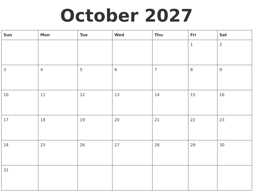October 2027 Blank Calendar Template