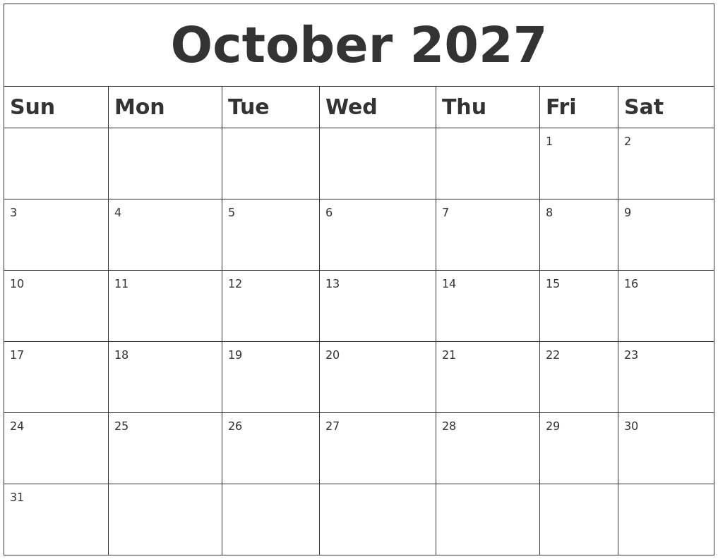 October 2027 Blank Calendar