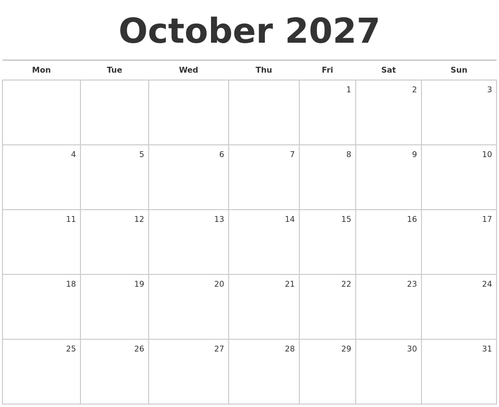 October 2027 Blank Monthly Calendar