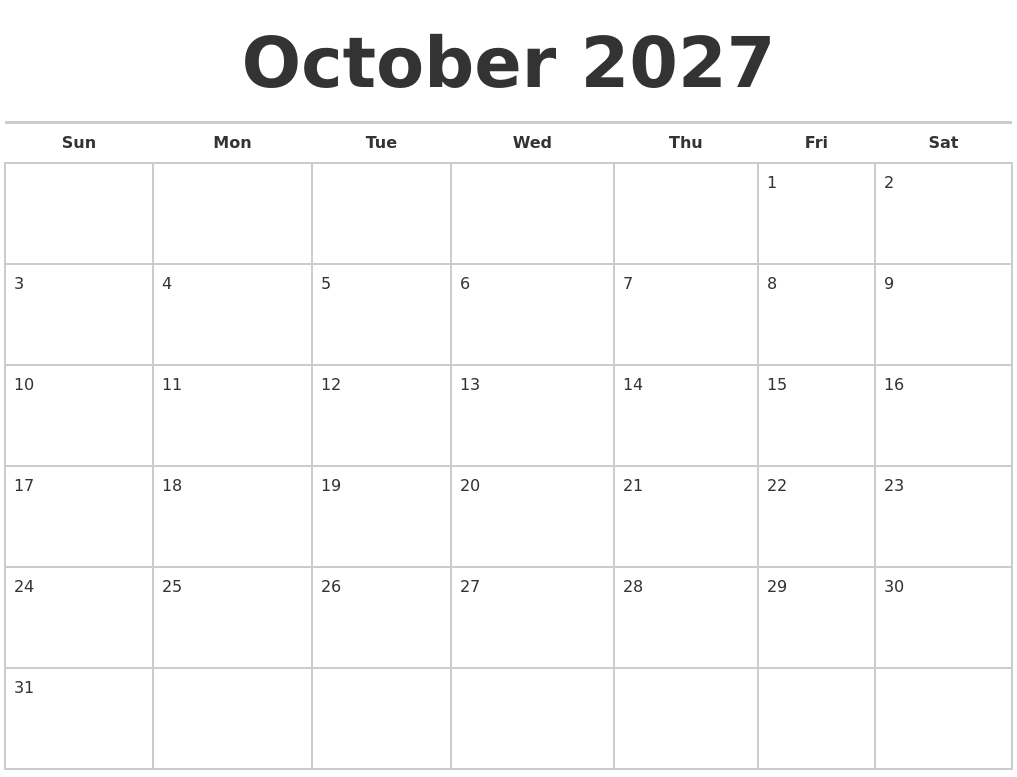 October 2027 Calendars Free
