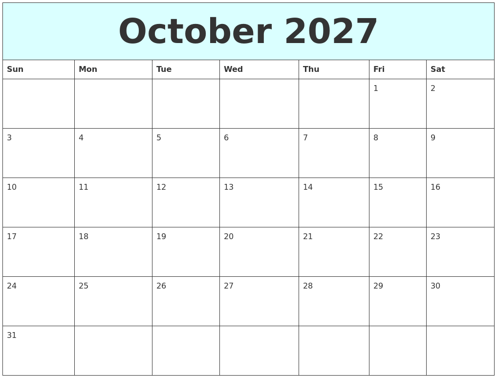 October 2027 Free Calendar