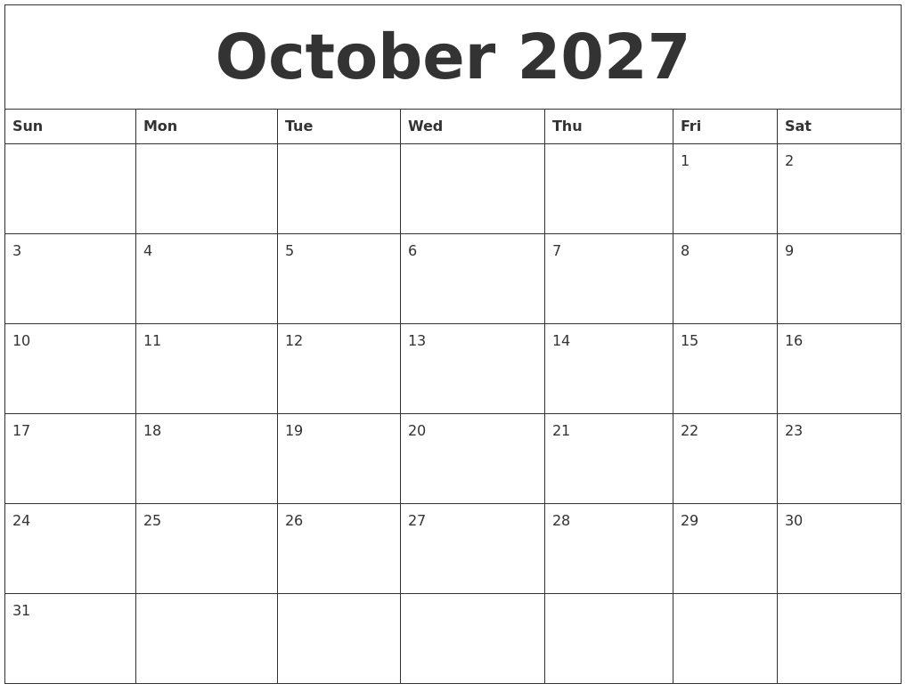 October 2027 Month Calendar Template