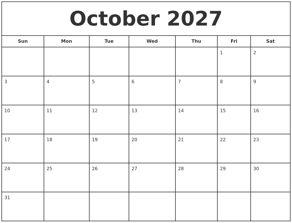 October 2027 Print Free Calendar
