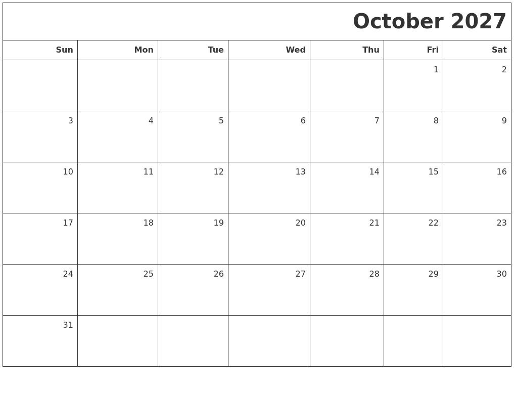 October 2027 Printable Blank Calendar