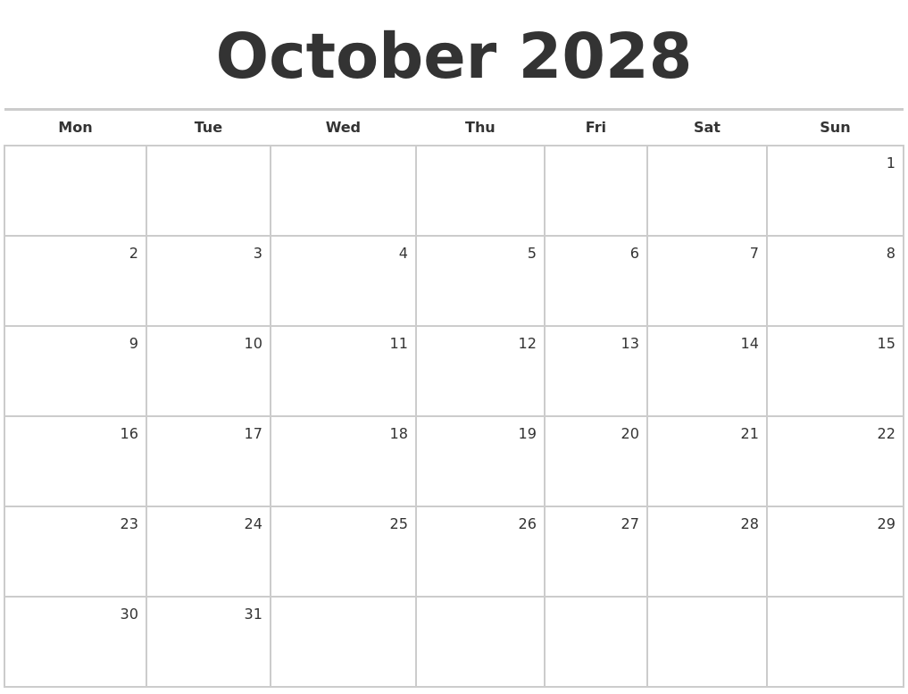October 2028 Blank Monthly Calendar