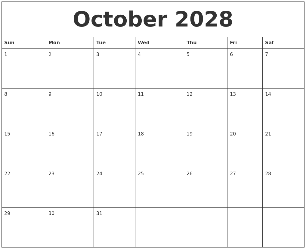 October 2028 Blank Monthly Calendar Template