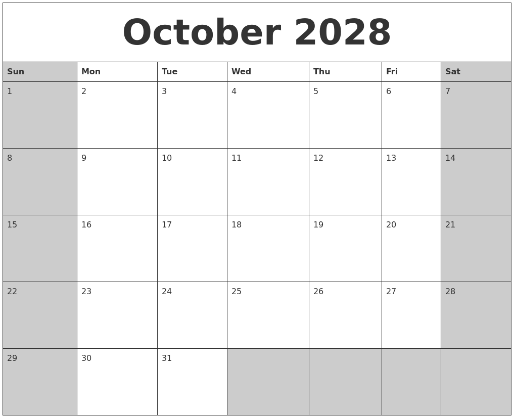 October 2028 Calanders
