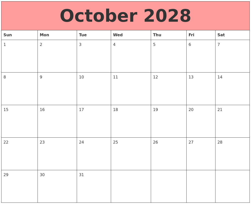 October 2028 Calendars That Work