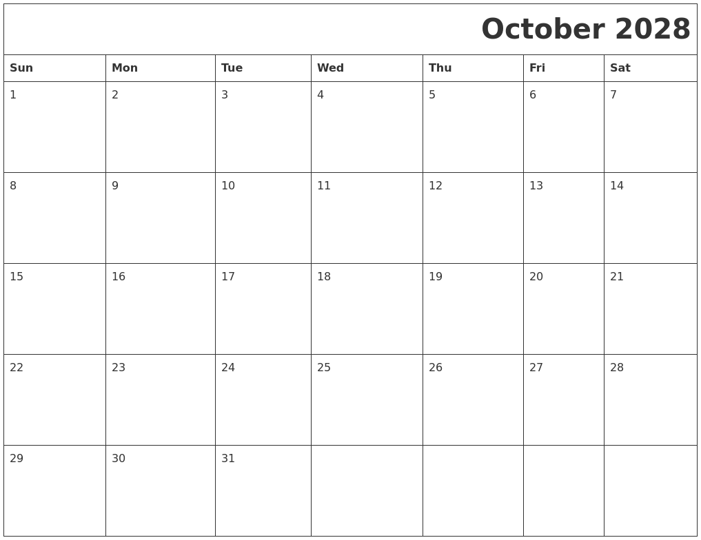 October 2028 Download Calendar