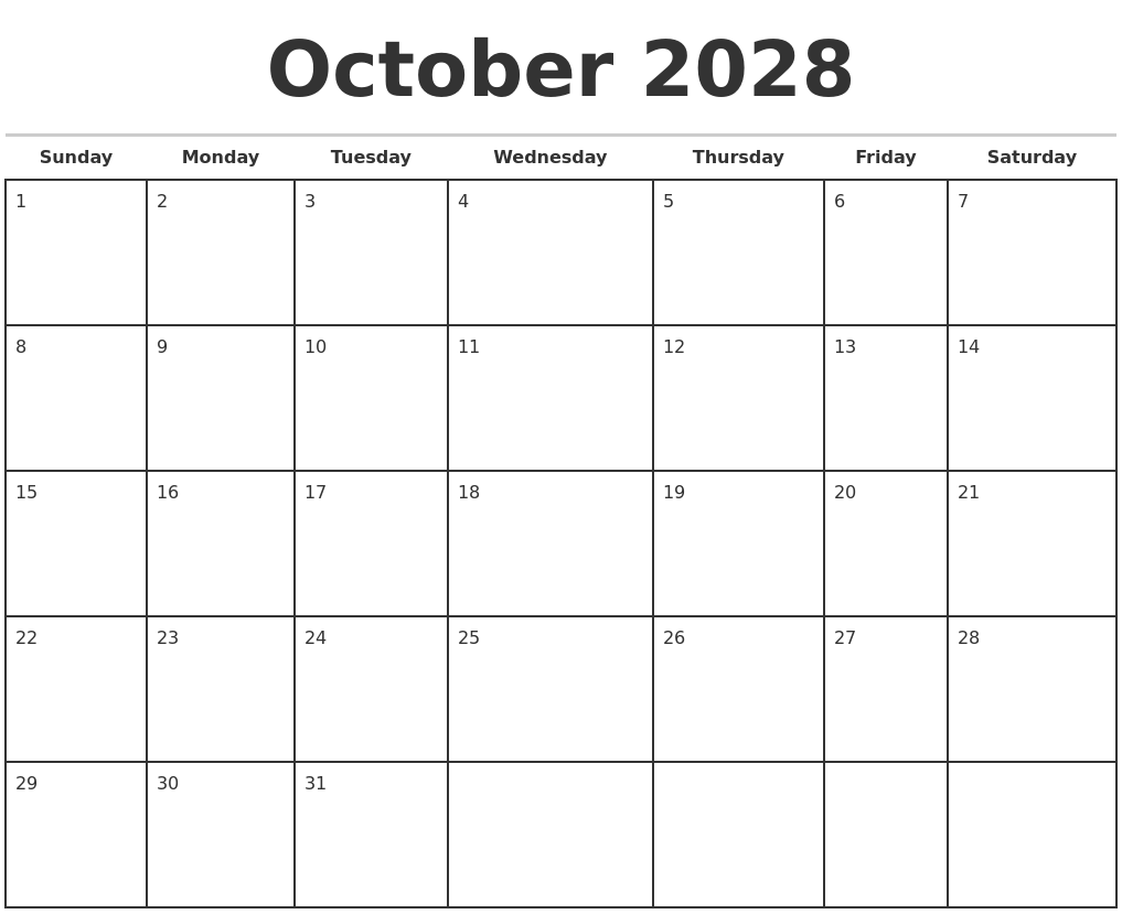 October 2028 Monthly Calendar Template