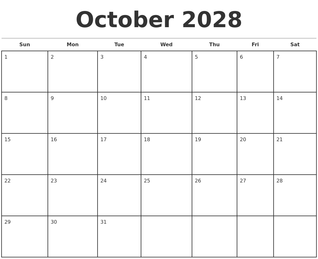 October 2028 Monthly Calendar Template