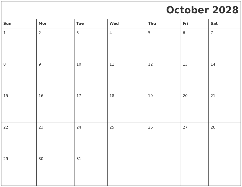 October 2028 Printable Calender