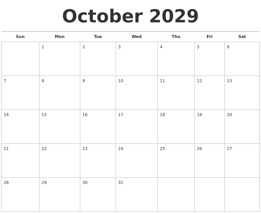 October 2029 Calendars Free