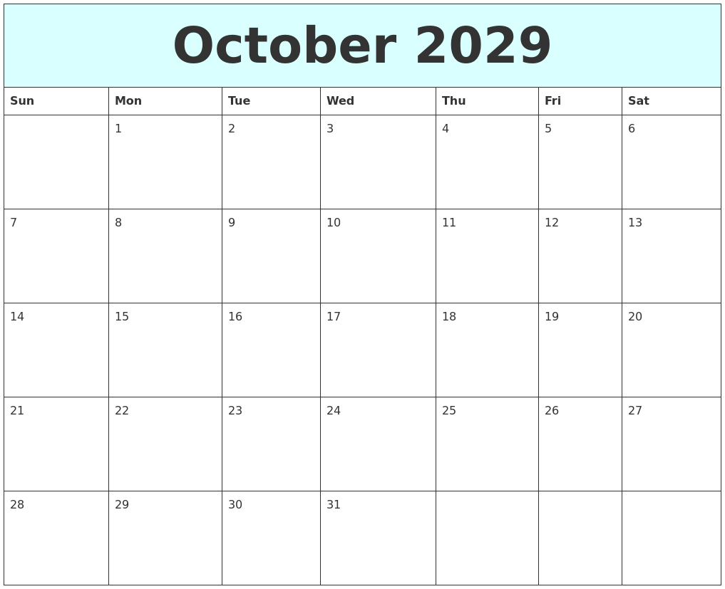 October 2029 Free Calendar