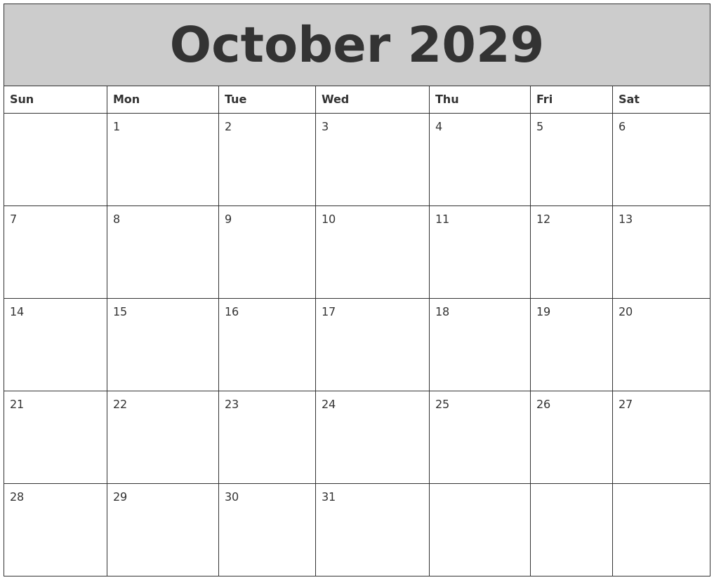 October 2029 My Calendar