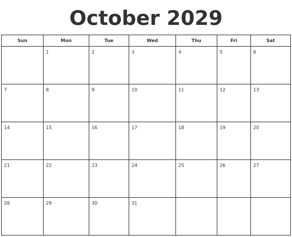 October 2029 Print A Calendar