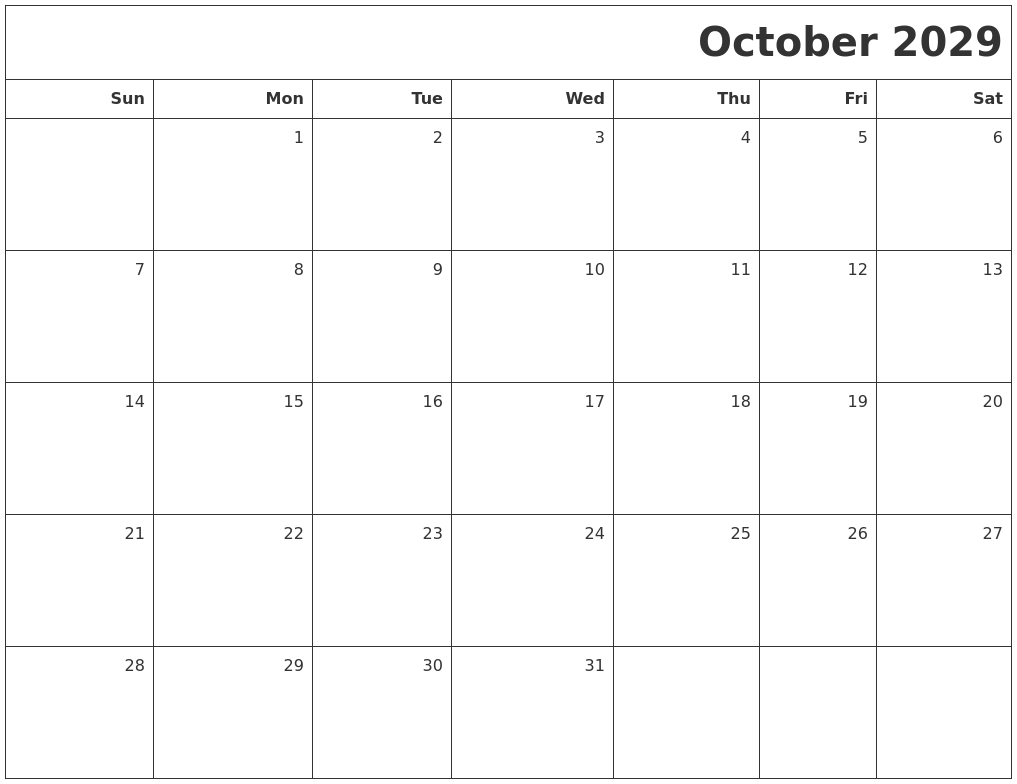October 2029 Printable Blank Calendar