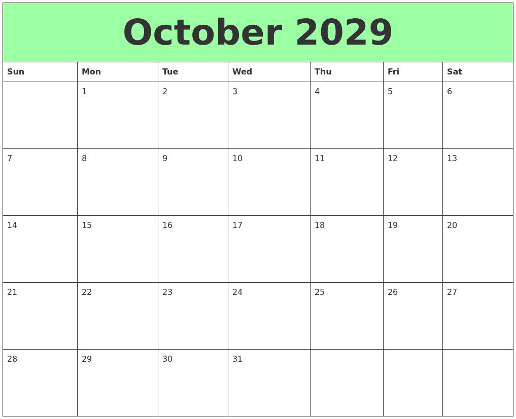 October 2029 Printable Calendars