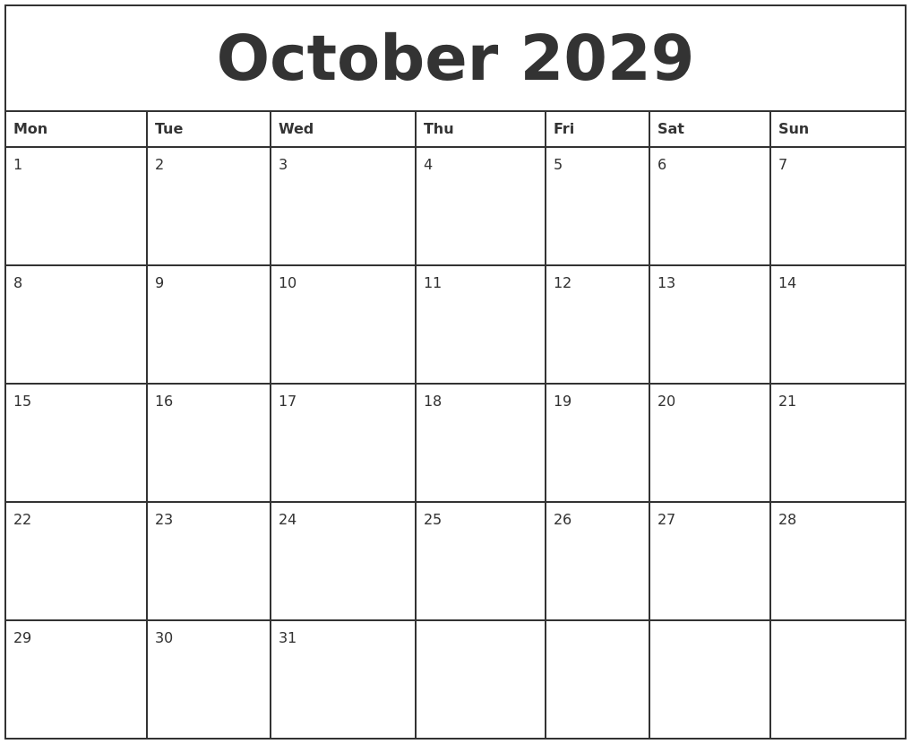 October 2029 Printable Monthly Calendar October 2029 Printable Monthly Calendar