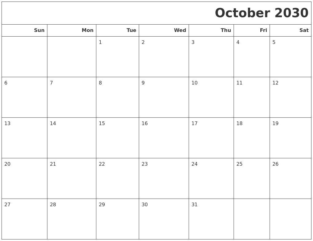 October 2030 Calendars To Print