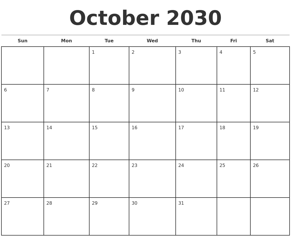 October 2030 Monthly Calendar Template
