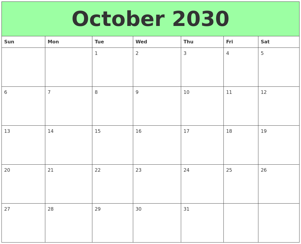 October 2030 Printable Calendars