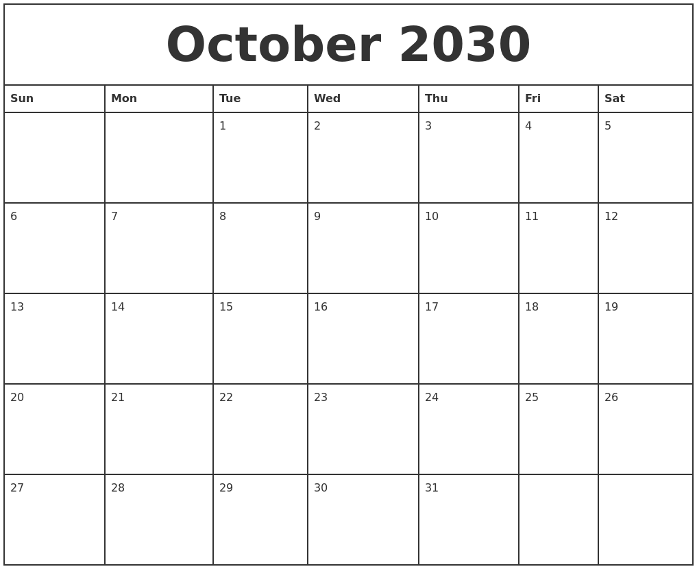 October 2030 Printable Monthly Calendar