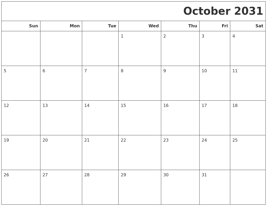 October 2031 Calendars To Print