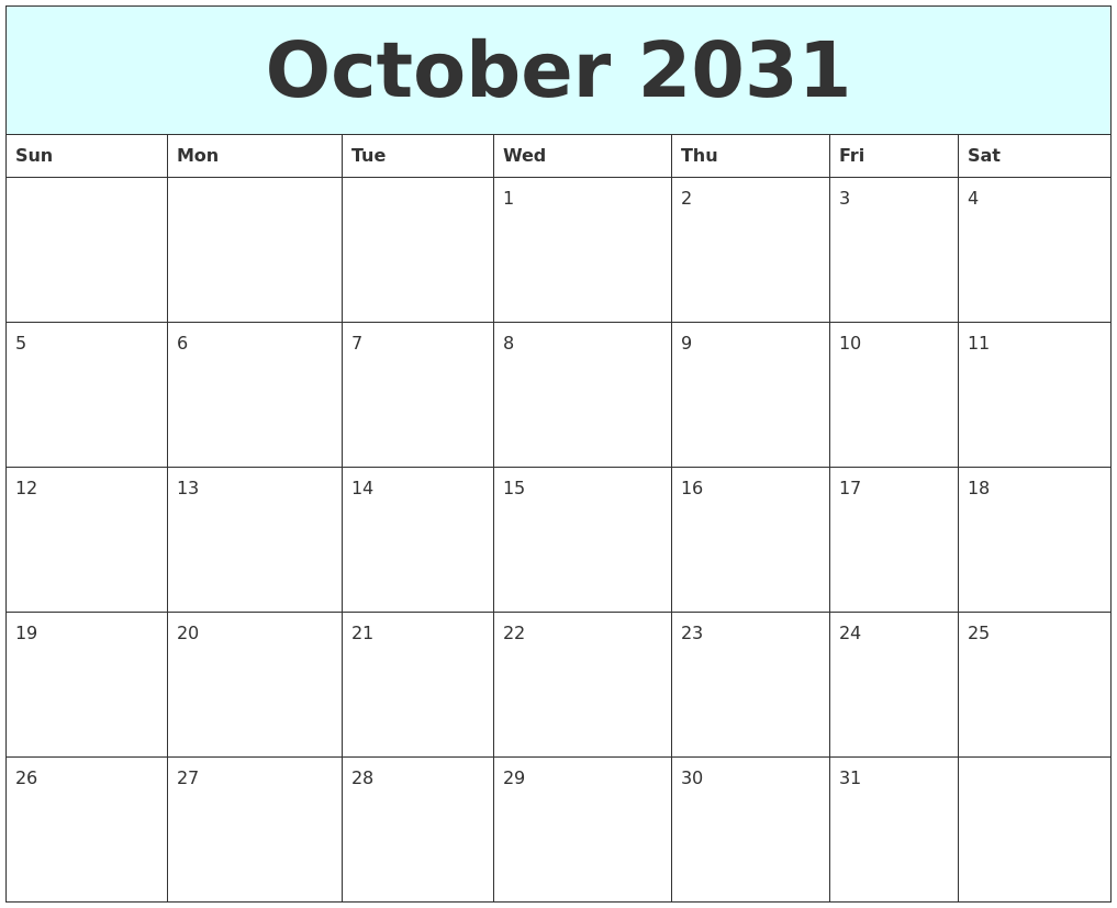 October 2031 Free Calendar