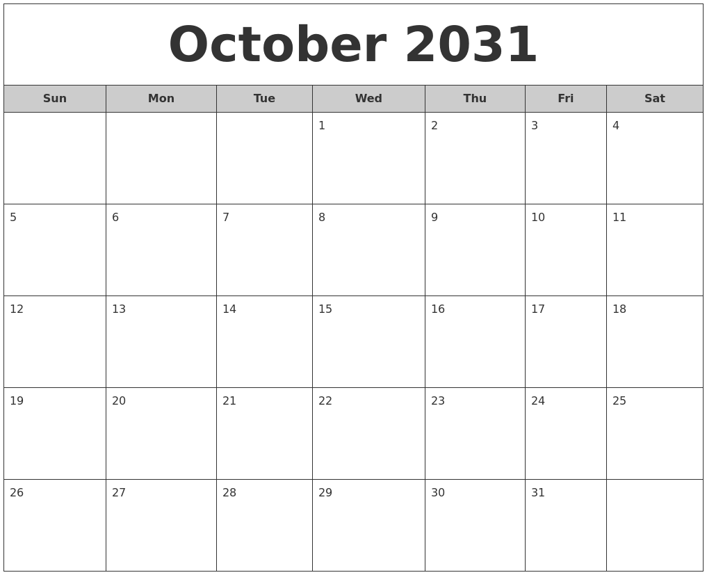 October 2031 Free Monthly Calendar