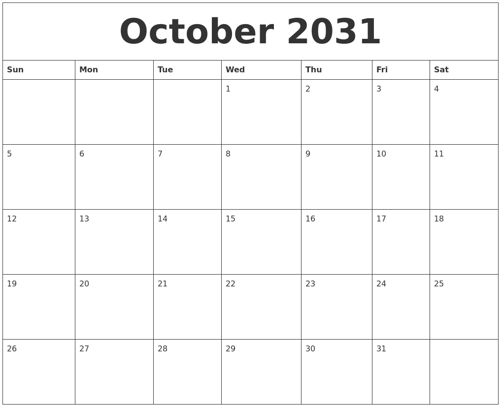 October 2031 Print Online Calendar