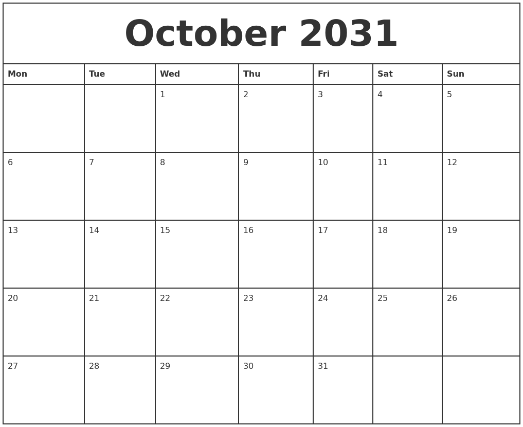 October 2031 Printable Monthly Calendar