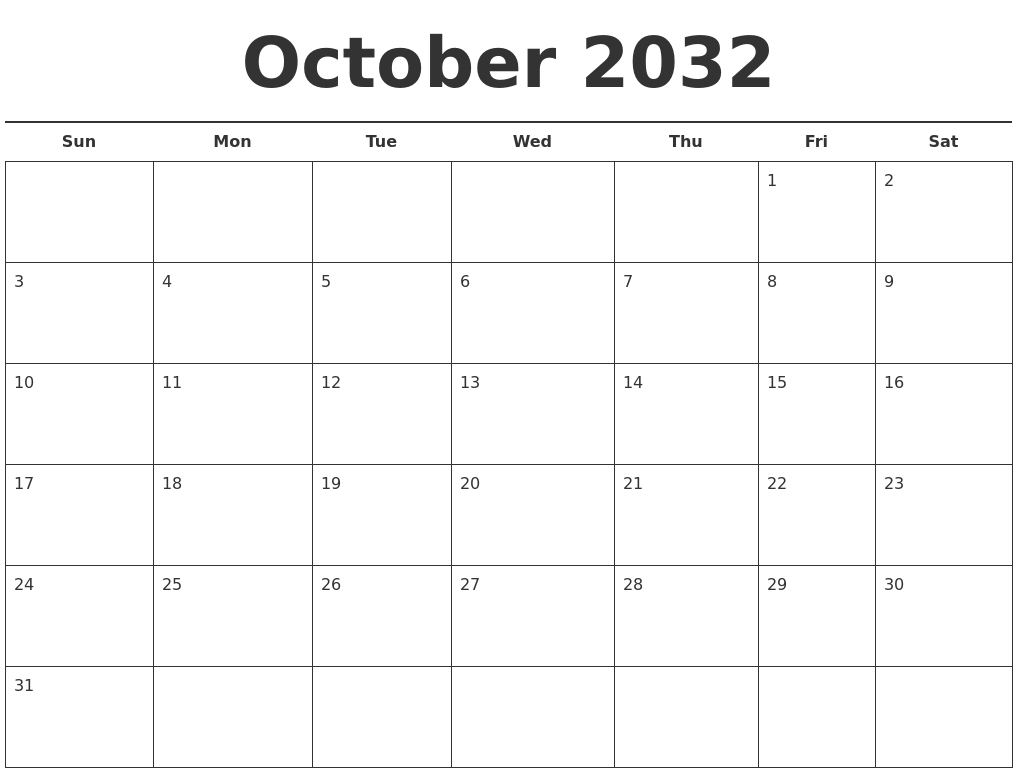 October 2032 Free Calendar Template