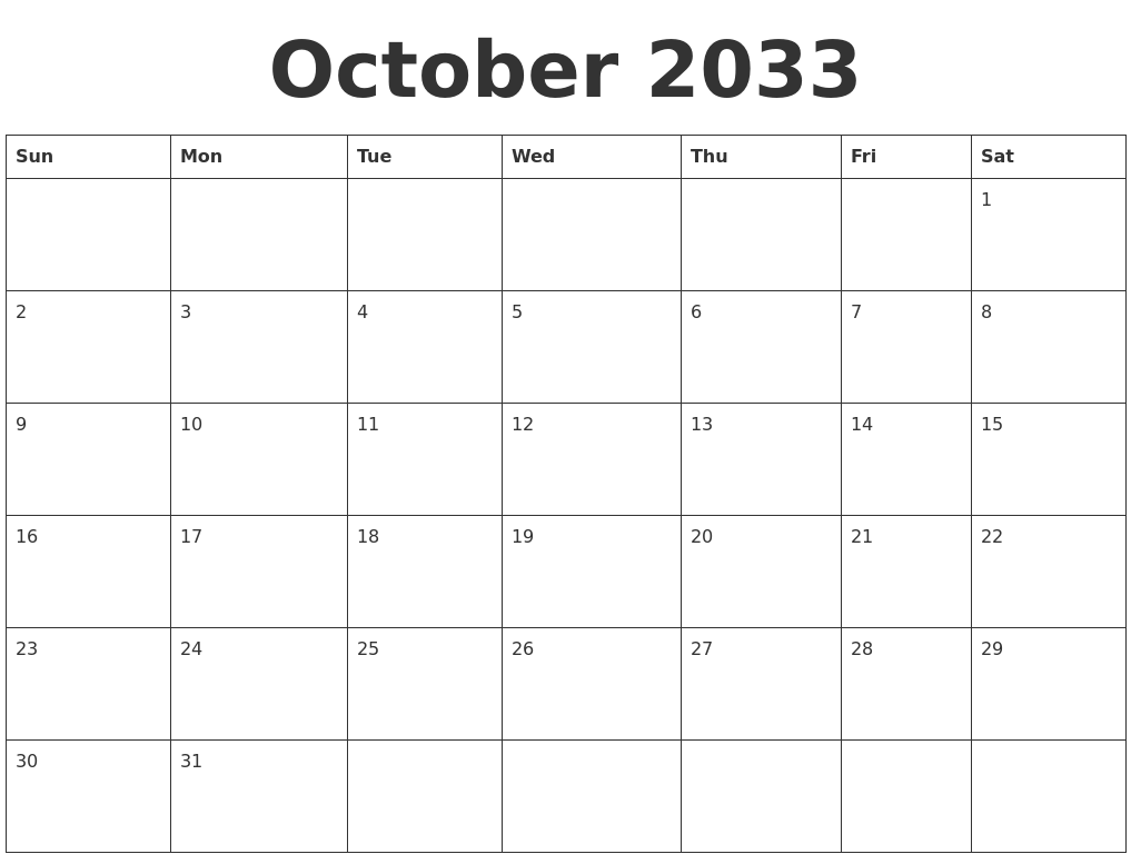 October 2033 Blank Calendar Template