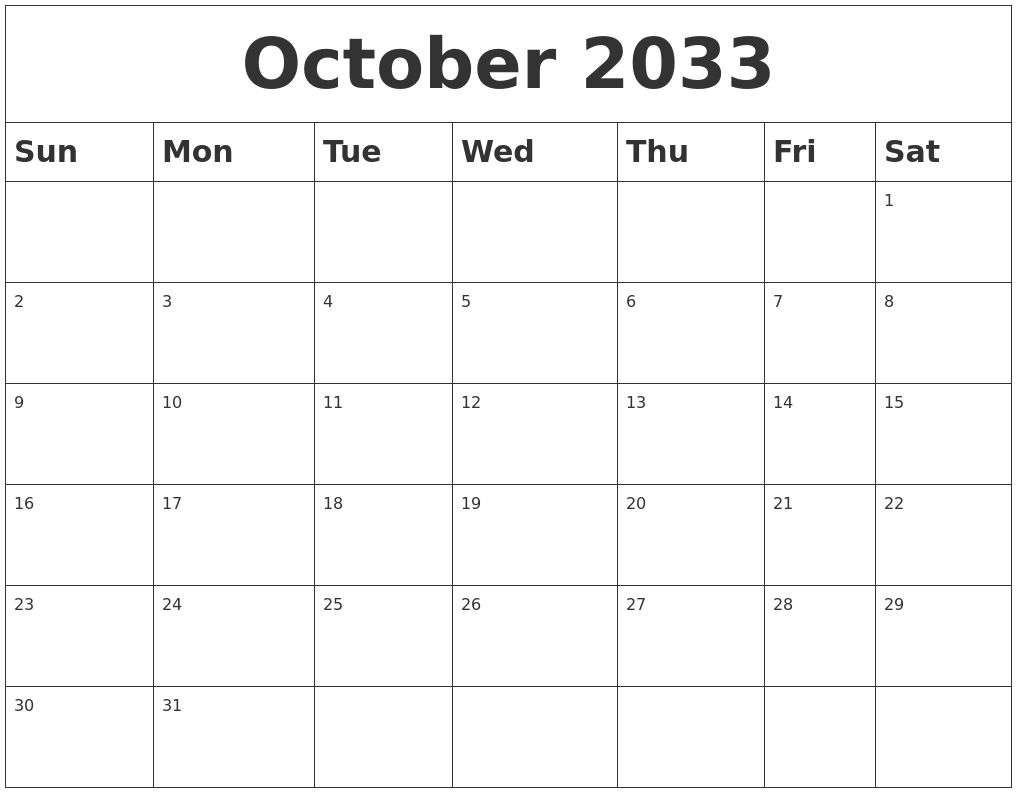 October 2033 Blank Calendar