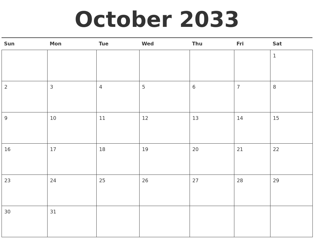 October 2033 Calendar Printable