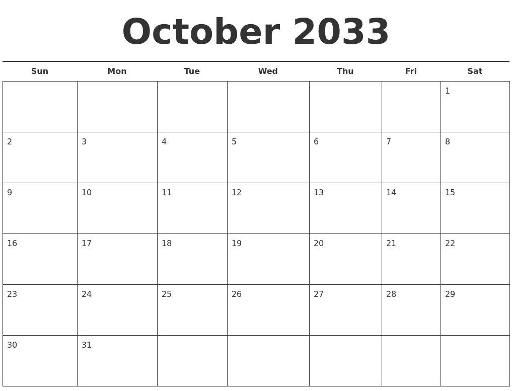 October 2033 Free Calendar Template