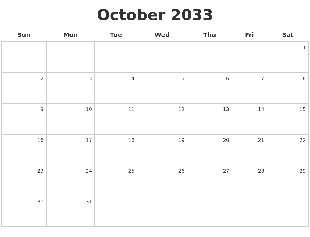 October 2033 Make A Calendar
