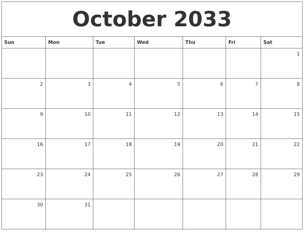 October 2033 Monthly Calendar