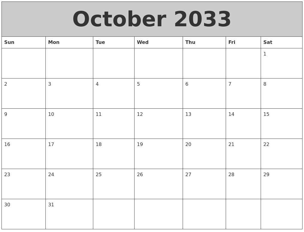 October 2033 My Calendar