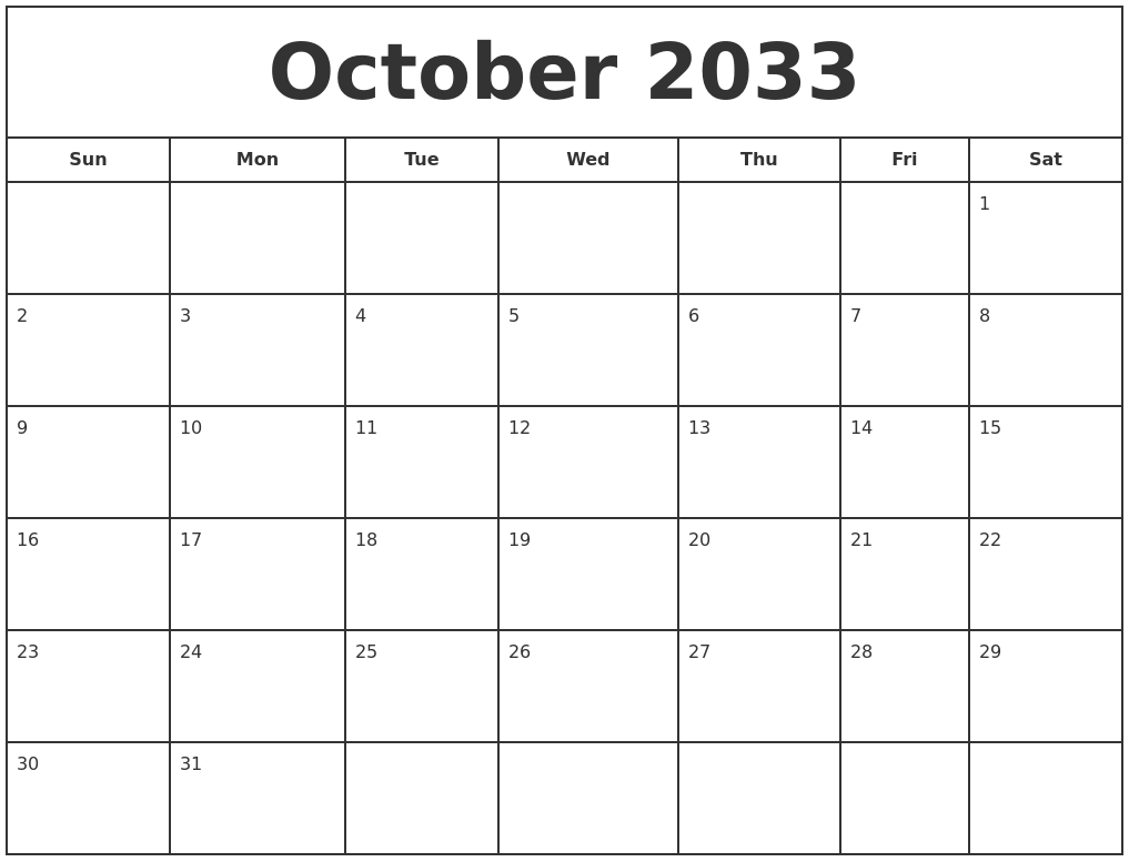 October 2033 Print Free Calendar