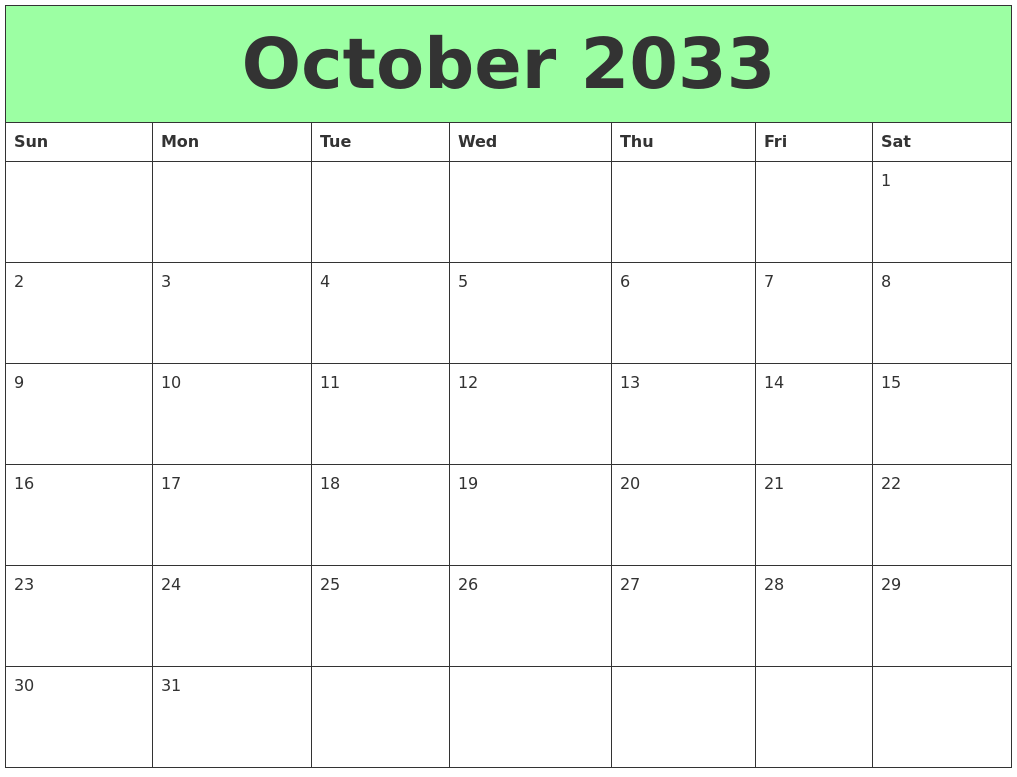 October 2033 Printable Calendars